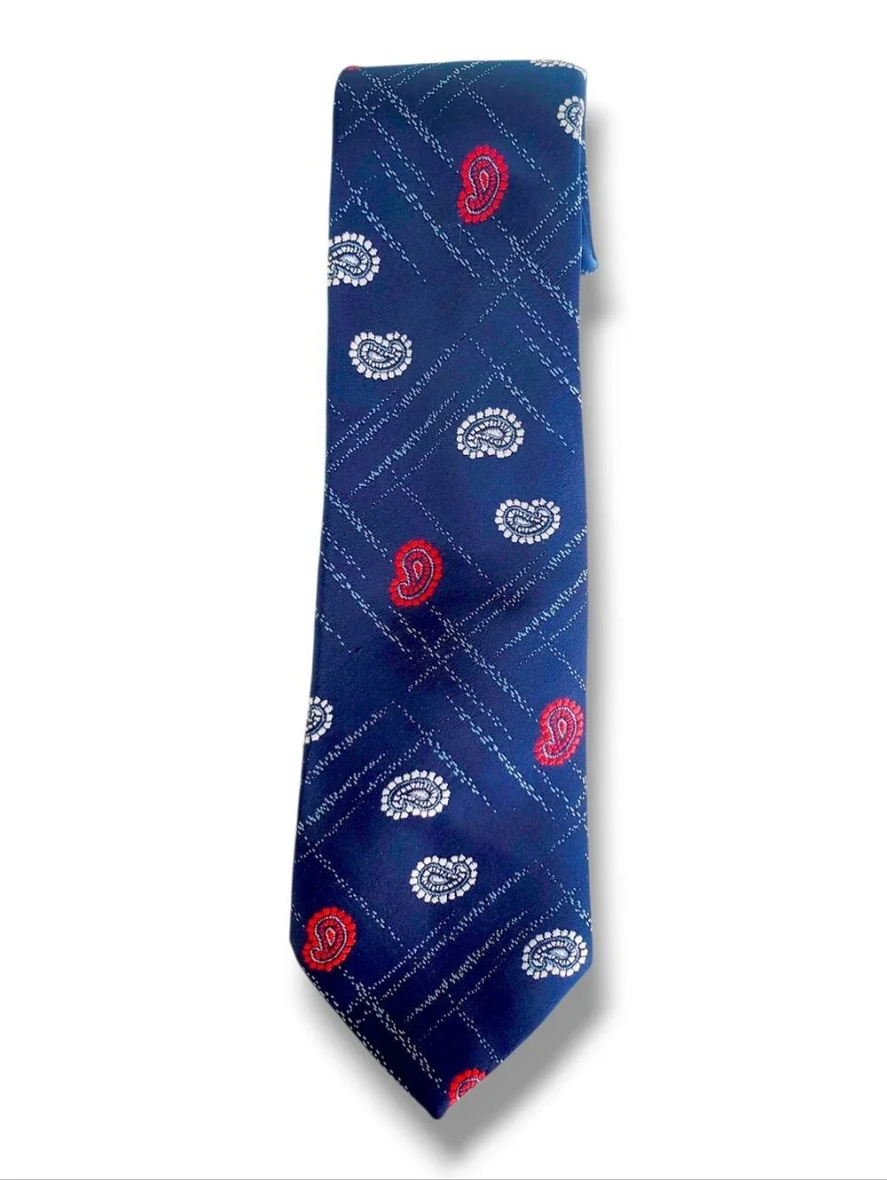 Sears Men's Shop vintage necktie features a classic navy blue base woven Paisley